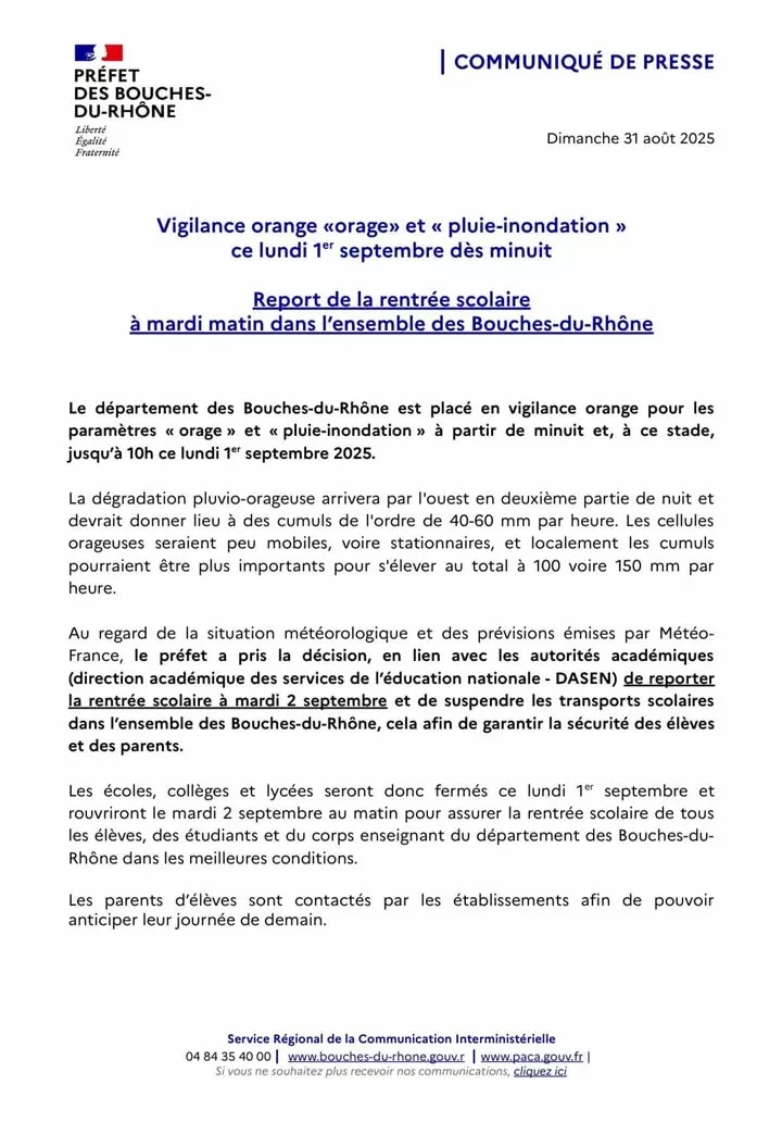 ⚠️ Report de la rentrée scolaire En raison de conditions météorologiques dégradées annoncées par Météo-France (orages vi… 