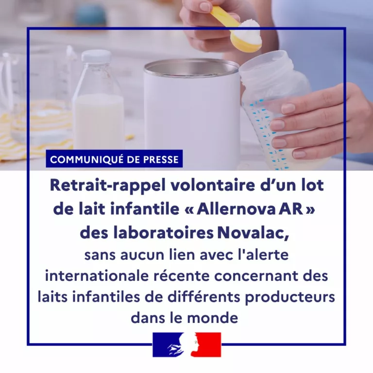 #Communiqué 🗞| Retrait-rappel volontaire d’un lot de lait infantile « Allernova AR » des laboratoires Novalac, sans auc… 
